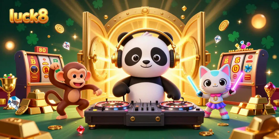 Spinning on slot reels, luck8 showcases DJ panda, dancing monkey, and rave kitten in a bustling casino.