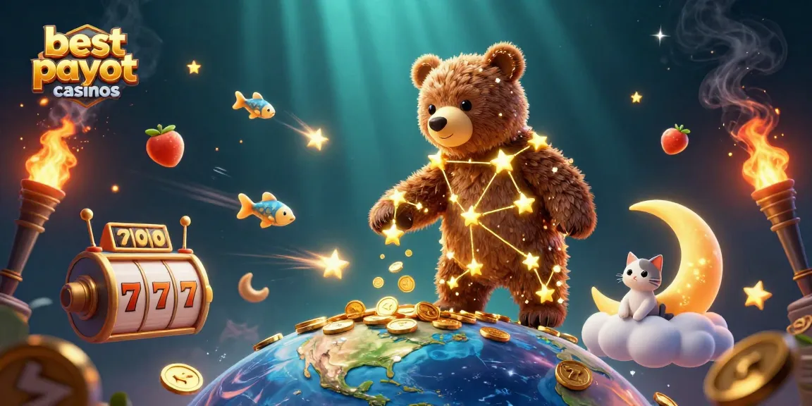 Experience the excitement of the best payout casinos with a whimsical 3D illustration of a constellation bear scooping up coins.