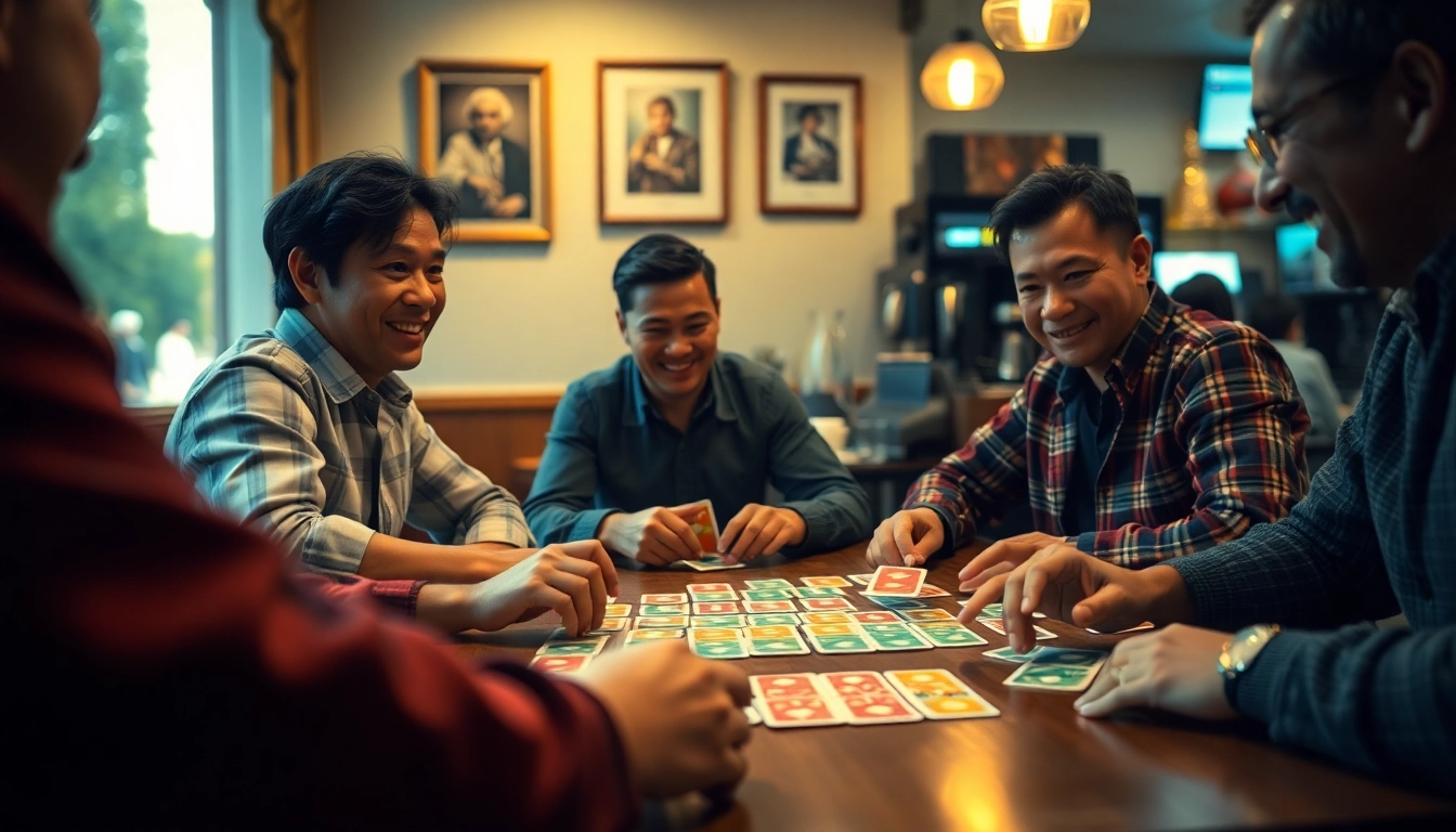 Players enjoying a competitive moment in yono rummy while sipping coffee, showcasing a vibrant gaming scene.