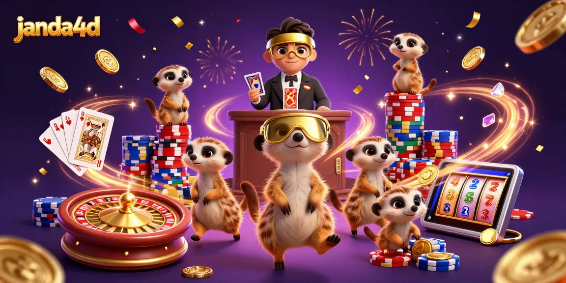 janda4d menghadirkan meerkat bermain kasino dengan hiasan koin emas dan kartu royal flush.
