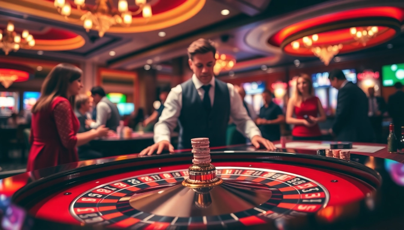 Menggambarkan pengalaman bermain wortel21 di meja roulette dengan suasana kasino yang penuh semangat.