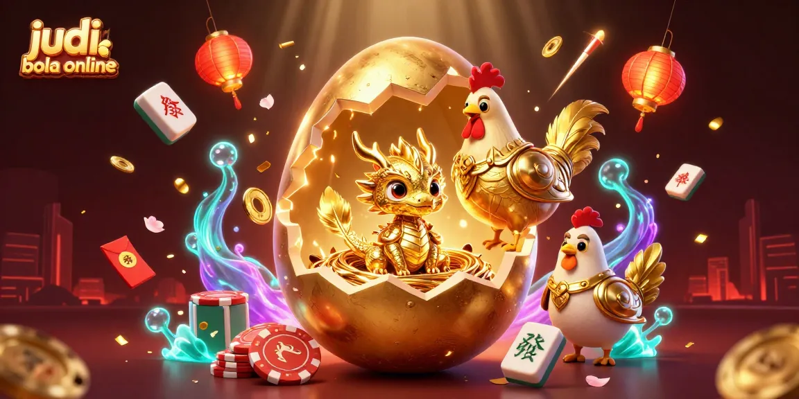 Engage in judi bola online as a golden baby dragon emerges from a colossal egg surrounded by colorful casino elements.