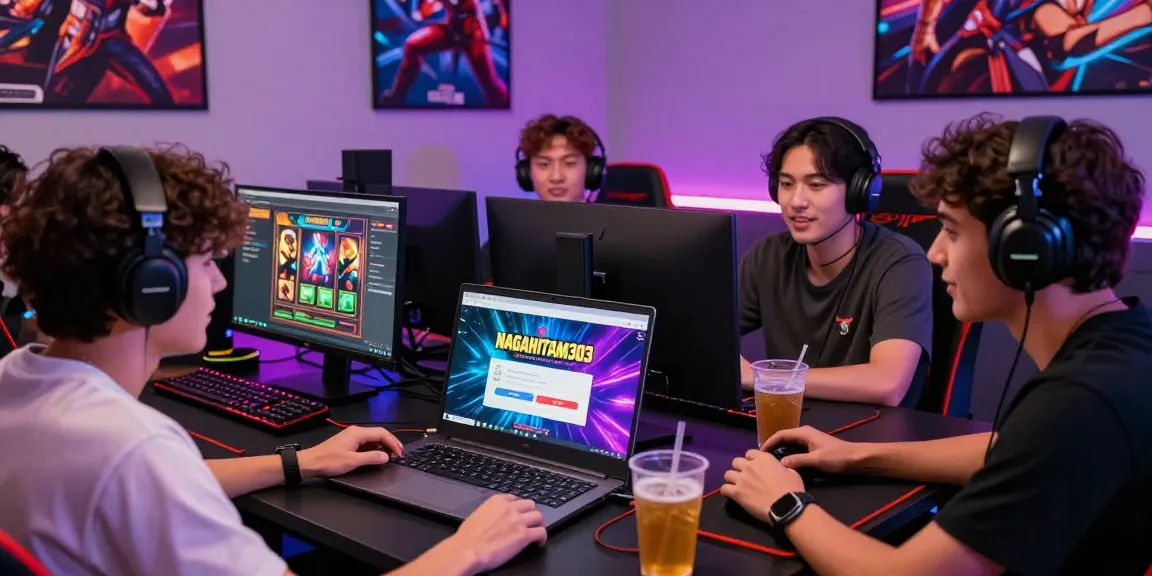 Melihat halaman login NAGAHITAM303 dengan teman-teman di sekitar perangkat gaming.