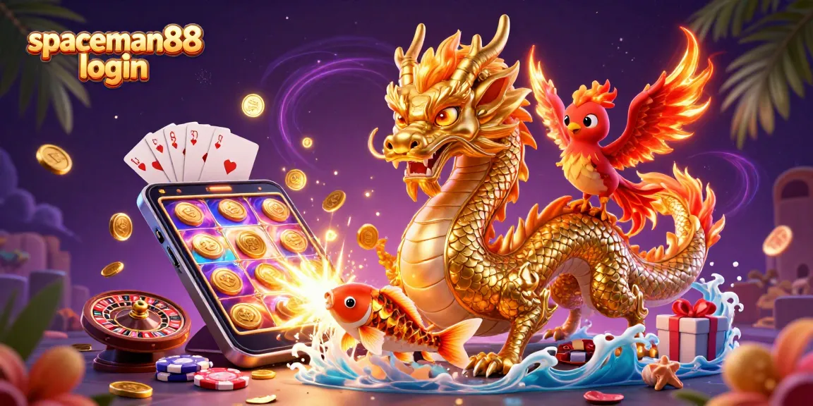 Spin to win with spaceman88 login on a dynamic casino-themed illustration featuring vibrant symbols and characters.
